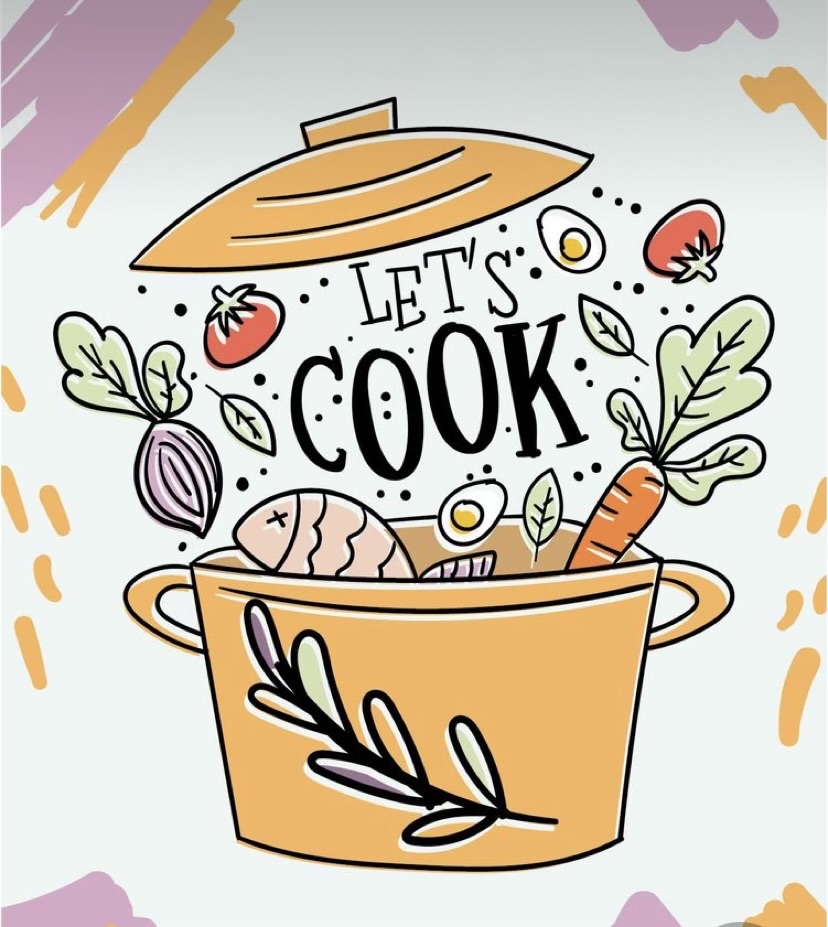 Let's cook! A cartoon image of onions, tomatoes, bay leaves, eggs, carrots, and fish dropping into a yellow pot with the phrase "Let's Cook" above.